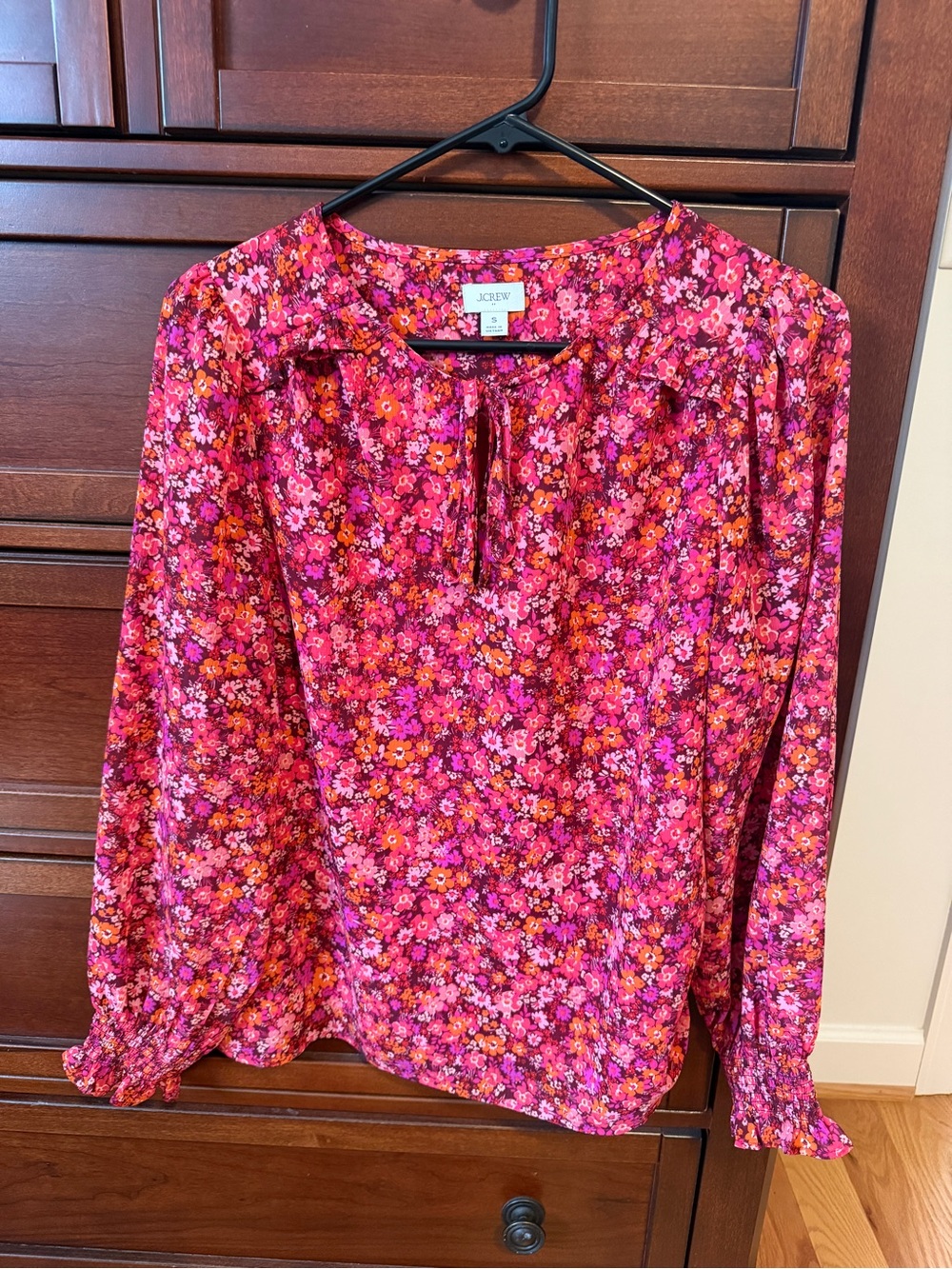 J. Crew Vibrant Pink & Orange Floral Tie-Neck Blouse